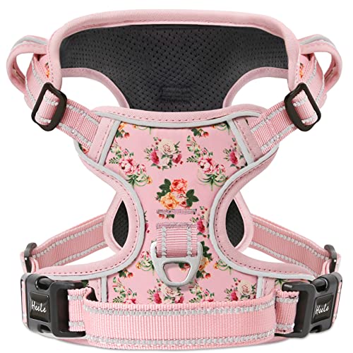 Dog Harness No Pull Adjustable Padded Reflective Harness for Small Medium Large Dogs with Handle for Walking Training (L / Flower-Pink)