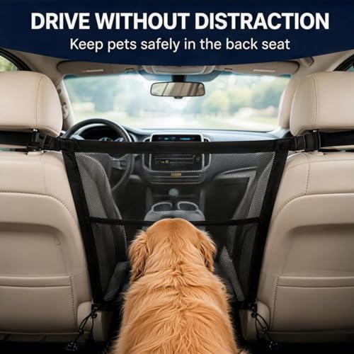 Dog Car Barrier Pet Backseat Net Barrier for Cars SUVs and Trucks Vehicle Dog Barrier Block Pets Safe Driving Protector with Mesh Storage