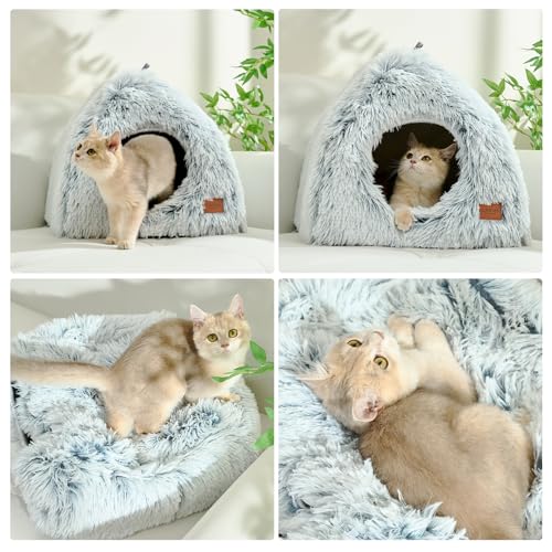 Cat Beds for Indoor Cats 2 in 1 Cat Bed Cave Machine Washable Fluffy Cat Cave Bed Foldable Non (Gray / L(17.7 x 17.7 x 17.7 Inch))
