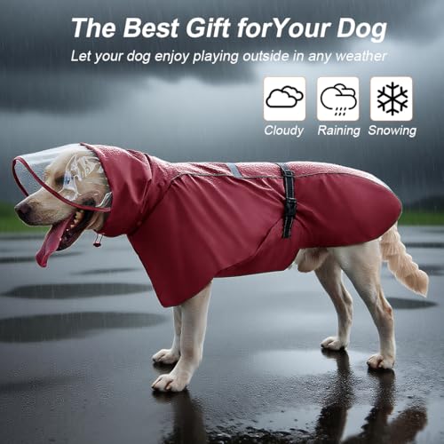 Pet Dog Raincoat Jacket Large Dog Rain Poncho with Transparent Hood (Wine Red / L-Fit for 6-12 lbs)
