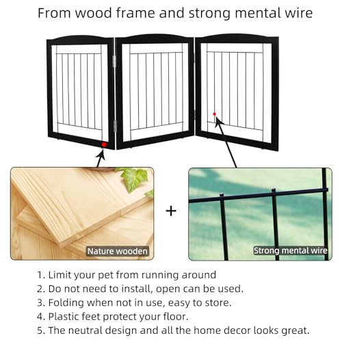 Freestanding Foldable Dog Gate for House Extra Wide Wooden Black Indoor Puppy Gate Stairs Doorways Pet Gate Tall Dog Fence 3 Panels Fence (Black / 【3 Panels】60''w x 24''h)
