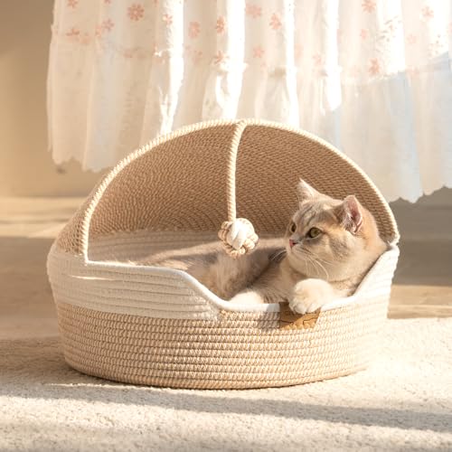 Cat Basket Bed with Washable Cushion and Ball Rope Cotton (White)