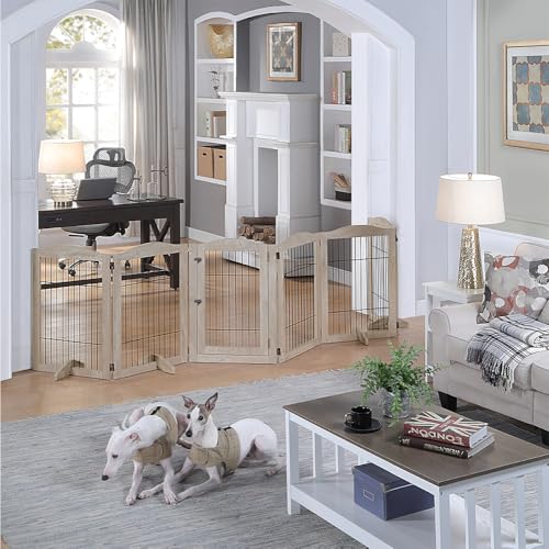 132" Extra Wide Dog Gate and Pet Playpen with Walk Through Door (Weathered Grey / 132"W×31.5"H)