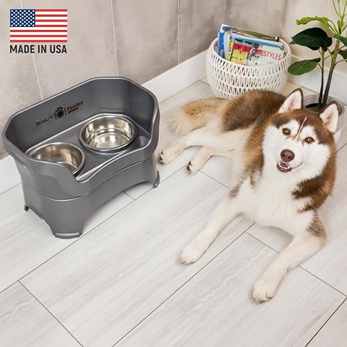Neater Feeder Deluxe Mess Proof Dog Bowls Elevated for Large Dogs Over 40 lbs (Large with Standard Bowl / Gunmetal Grey)