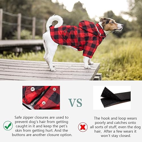 Dog rain Coat Waterproof Raincoat Puppy Jacket with Legs Buttons Zipper Hood Drawstring Fit for Yorkie Terrier Schnauzer Poodle Border Collie Labrador Golden Retriever 8lbs to 80lbs Red XXL (XX-Large / Red Plaid)