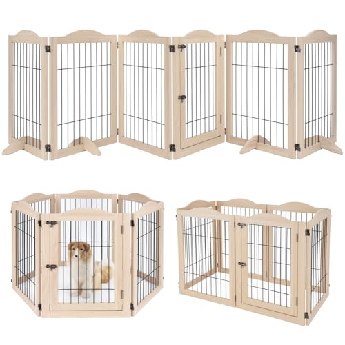 132" Extra Wide Dog Gate and Pet Playpen with Walk Through Door (Nature / 132"W×31.5"H)