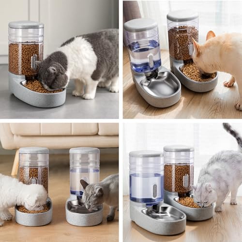Automatic Cat Feeder and Water Dispenser with Stainless Steel Bowl Gravity Food Feeder and Waterer Set for Small Medium Dog Puppy Kitten 1 Gallon x 2 (Stainless Steel-Grey)