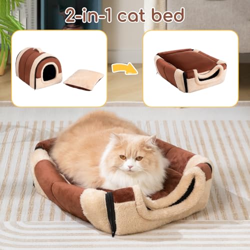 Cat Bed Cave for Indoor Cats for Pets up to 20 lbs (Brown Arched Cave)