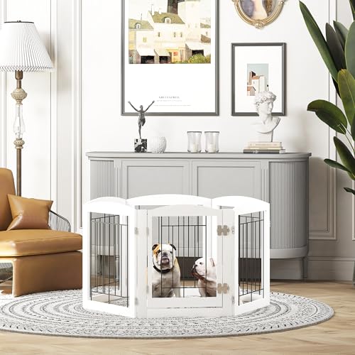 6 Panels Dog Gate Indoor with Walk Through Door (White / 【6 Panels with door】120"W x 24"H)