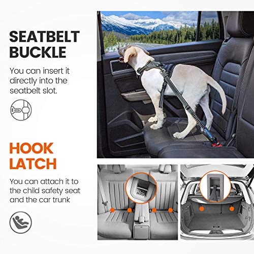 Dog Seatbelt Updated Adjustable Harness Reflective Bungee Dog Car Seat Belt with Aviation Aluminum Alloy Rotatable Carabiner (Black)