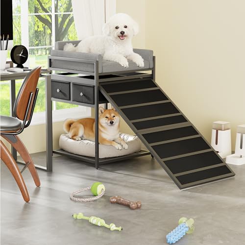 Dog Window Perch & Retractable Stairs and Storage Drawers (Black&Grey)