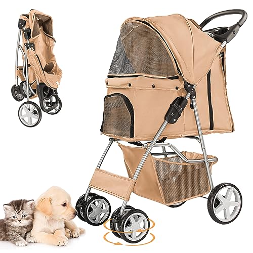 4 Wheel Pet Stroller for Small Dogs and Cats (Beige)