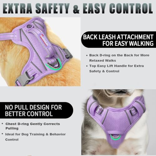No Pull Dog Harness Large Reflective Dog Harness with Front Clip and Easy Control Handle for Walking Training Running with ID tag Pocket (Violet Purple / Small)