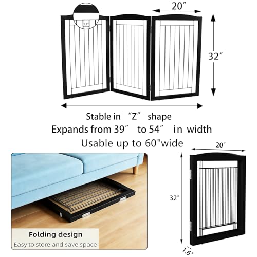 Freestanding Foldable Dog Gate for House Extra Wide Wooden Black Puppy Gate Stairs Dog Gates Doorways Tall Pet Gate 3 Panels Pet Fence (Black / 【3 Panels】60''w x 32''h)