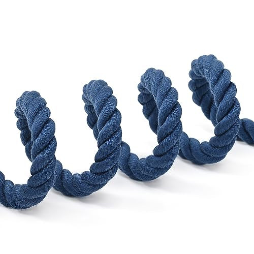 Dog Leash Braided Cotton Rope with Leather (Navy / 48 Inch-1/2")