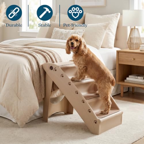 Pet Stairs Home and Vehicle Foldable Nonslip Dog Steps with 4 (Tan)