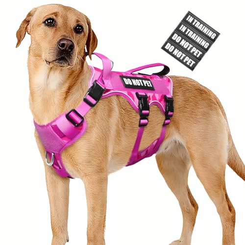 Escape Proof Dog Harness with Double Handle+4 Removable Patches (X-Large / Camo Pink)