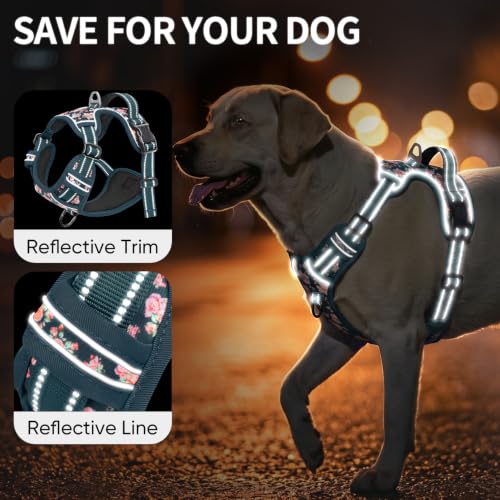 Dog Harness Reflective (M / Flower Blackish Green)