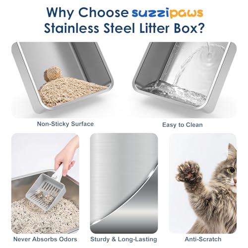 XL 8" Deep Enclosed Stainless Steel Cat Litter Box for Big Cats (Light Grey & Sliver / X-Large)