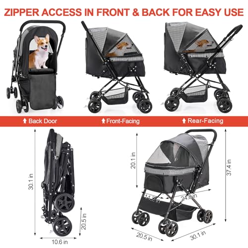 Pet Stroller with Reversible Handle for Dogs (Black)