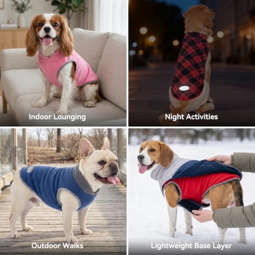 2 Pack Fleece Dog Sweater Pullover Lightweight Reflective Jacket (Medium / Red & Buffalo Plaid)