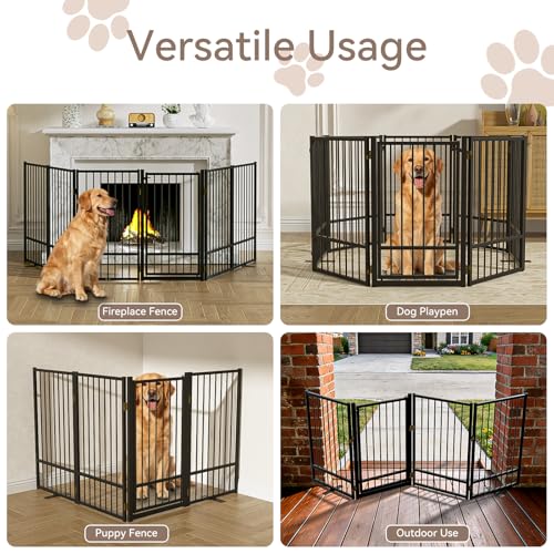 Full Metal Freestanding Dog Gate with Door (【6 Panels】120"W*32H" / Black)