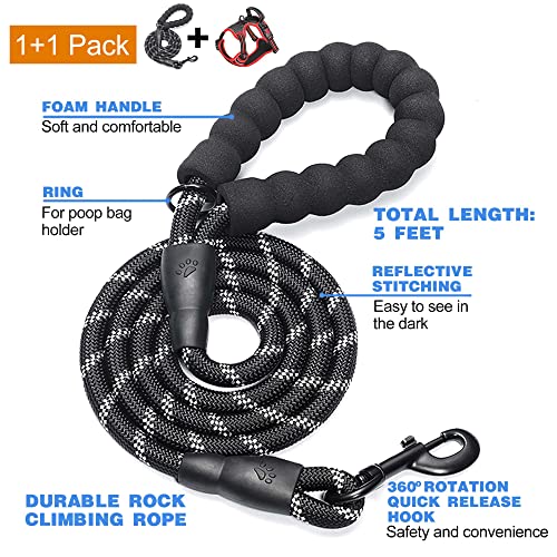 No Pull Dog Harness Adjustable Reflective Oxford Easy Control Medium Large Dog Harness with A Free Heavy Duty 5ft Dog Leash (Black/Red / Large)