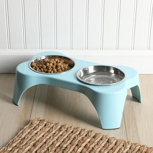 Bow Wow Meow 3 (Teal / 13oz Dog Bowl (Set of 2 w/ Elevated Holder))