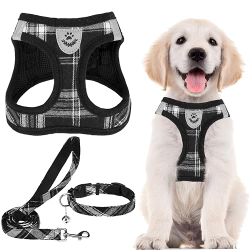 Dog Harness Collar and Leash Set No Pull for Small Medium Sized (Black / M (CHEST 16"-18"))