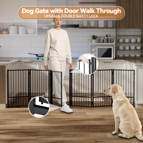 Full Metal Freestanding Dog Gate with Door (【6 Panels】120"W*32H" / Black)