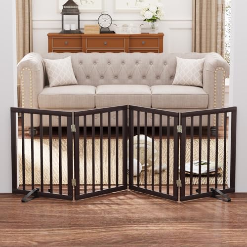Freestanding Dog Gate Folding Brown Dog Gates for the House Doorways Stairs Pet Gates for Dogs (Bamboo Dog Gate Brown / 4 Panel - 74 inches Wide)