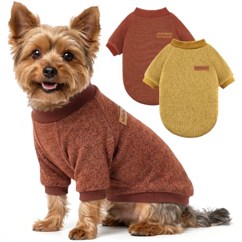 2 Pack Dog Sweaters for Small Dogs Girl Boy Winter Fleece Clothes Warm Soft Dog Sweatshirt Outfit for Dogs Cats Pet Apparel (Brown+Yellow / M (Back: 13.7", Chest: 17.7", 10-14 lbs))