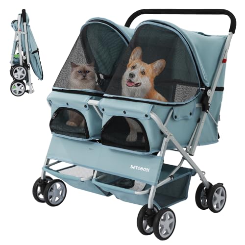 Double Pet Stroller for 2 Small Dogs & Cats (Light Blue)