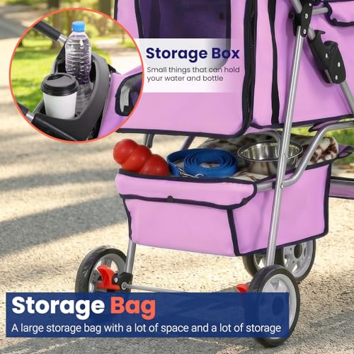 4 Wheel Foldable Pet Stroller (Pink / 4 Wheels)