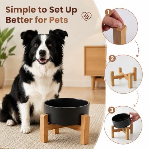 Elevated Ceramic Dog Bowl with Bamboo Stand (Black / 7.6Cup)