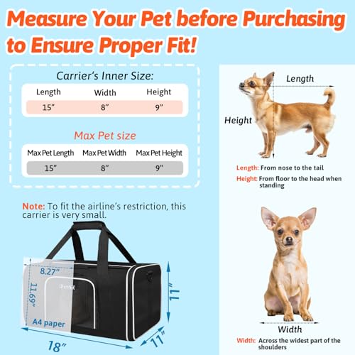 Small Pet Carrier 18"x11"x11" with Wheels Airline Approved (18.0"L x 11.0"W x 11.0"H / Black and Wheeled)
