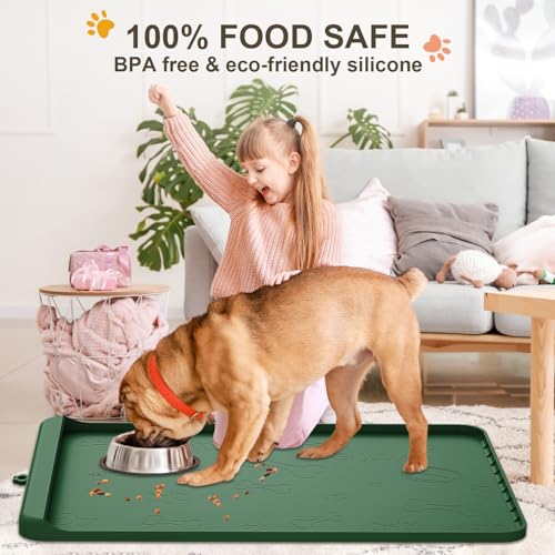 Dog Food Mat Silicone Dog Mat for Food and Water (Khaki Green / 36"L x 24"W)