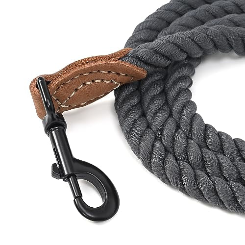 Dog Leash Braided Cotton Rope with Leather (Dark Grey / 72 Inch-1/2")
