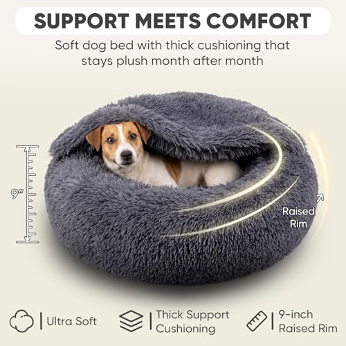 Covered Medium Dog Bed with Blanket Attached Calming Burrow Deep Grey (26.0"L x 26.0"W x 9.0"Th / Grey)