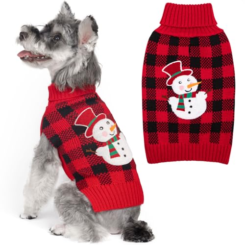 Dog Christmas Sweater for Small Dogs with Red Buffalo Plaid Snowman (Large (11-19lbs) / Snowman)