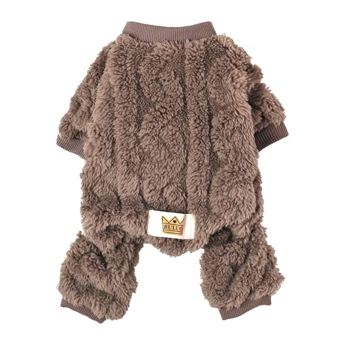 Plush Dog Pajamas for Cold Weather 4 Legged Clothes for Dog Cat Stretchy Puppy Kitten Onesie with Buttons Warm Soft Pet Jumpsuit Winter Coat Coffee Small (Small / Coffee)