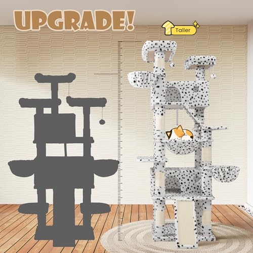 81in Multi Level Tall Cat Tree Tower for Indoor Kitties (White & Black Spot)
