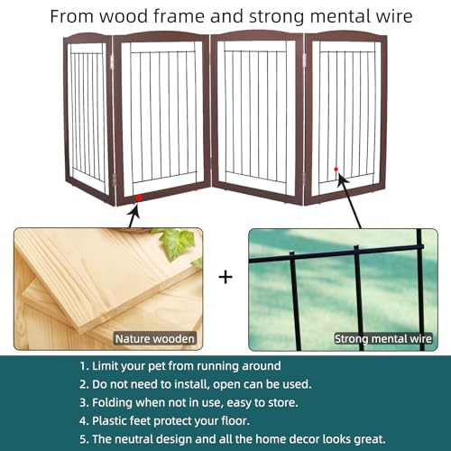Freestanding Foldable Dog Gate for House Extra Wide Wooden Brown Puppy Gate Stairs Dog Gates Doorways Tall Pet Gate 32 "Height 4 Panels Pet Fence (Brown / 【4 Panels】80''w x 32''h)