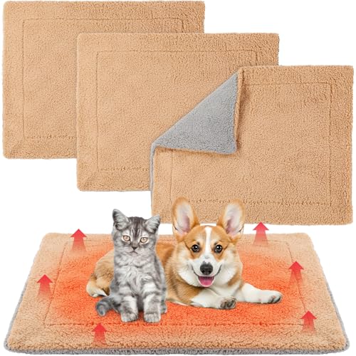 3 Pack Self Warming Cat Bed 17x22 Inch Self Heating Dog Mat Reflects Body Heat Extra Warm Thermal Pet Pad Washable Cat Dog Bed for Outdoor Indoor Large Kittens Puppy (Grey/Camel / 17x22 Inch)