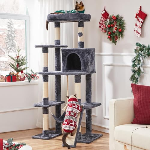 63in Sturdy Large Cat Tree for Indoor Heavy Cats (Dark Gray / 63in)