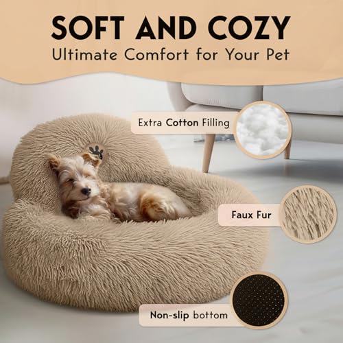 PetJett Calming Dog Beds for Small Dogs (Beige / Small - 23”L x 23”W x 8”Th)