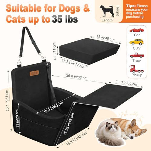 Elevated Dog Car Seat for Small and Medium Dogs Up to 35 lb (Black)