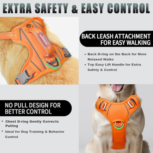 No Pull Dog Harness Large Reflective Dog Harness with Front Clip and Easy Control Handle for Walking Training Running with ID tag Pocket (Orange / Large)