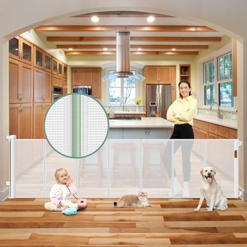 Reinforced 100 Inch Retractable Baby Gates for Doorways Extra Wide to Prevent Crawling Through (White / 33" Tall x 100" Wide（ With Reinforced Bar ）)