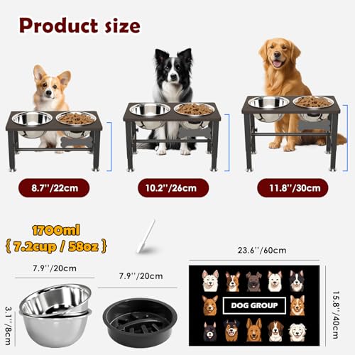 Elevated Dog Bowls with Slow Feeder & Mat for Medium and Large Dogs (Brown-1.7L)